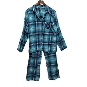 Sonoma Womens Pajama Set XXL Teal Navy Plaid Flannel Button Front Sleepwear